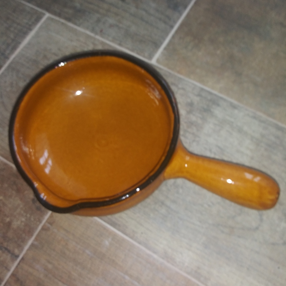 French Terre A Feu pan. Earthenware with handle and spout $0 $42 5.75"round